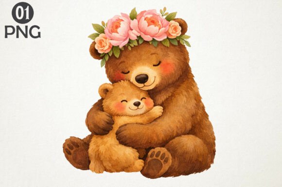 Download Cute Bear Mom Baby Floral Clipart PNG - Floral clipart Collection