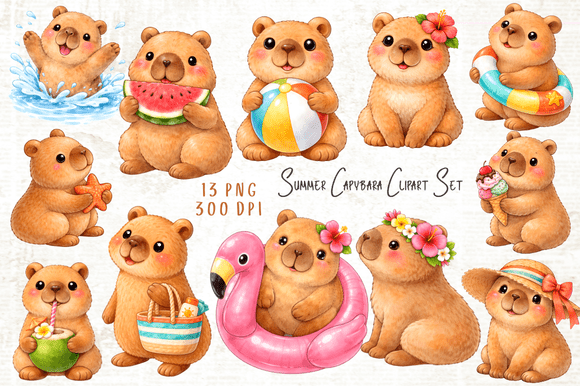 Download Summer Capybara Clipart Set PNG - Clipart set png Collection