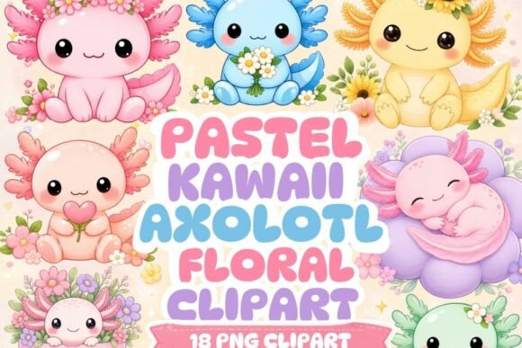 Download Pastel Kawaii Axolotl Floral Clipart - Floral clipart Collection