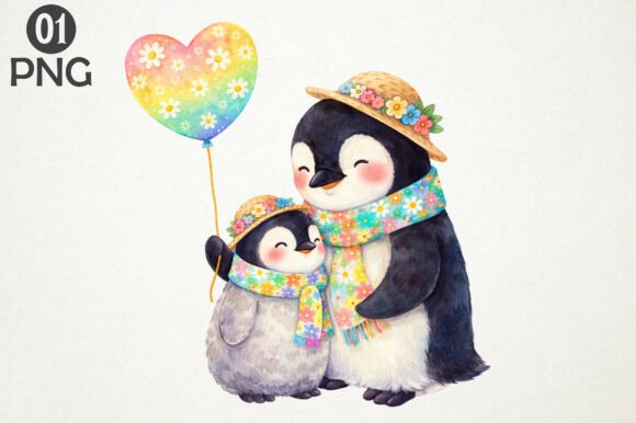 Download Cute Penguin Mom Baby Floral Clipart PNG - Floral clipart Collection